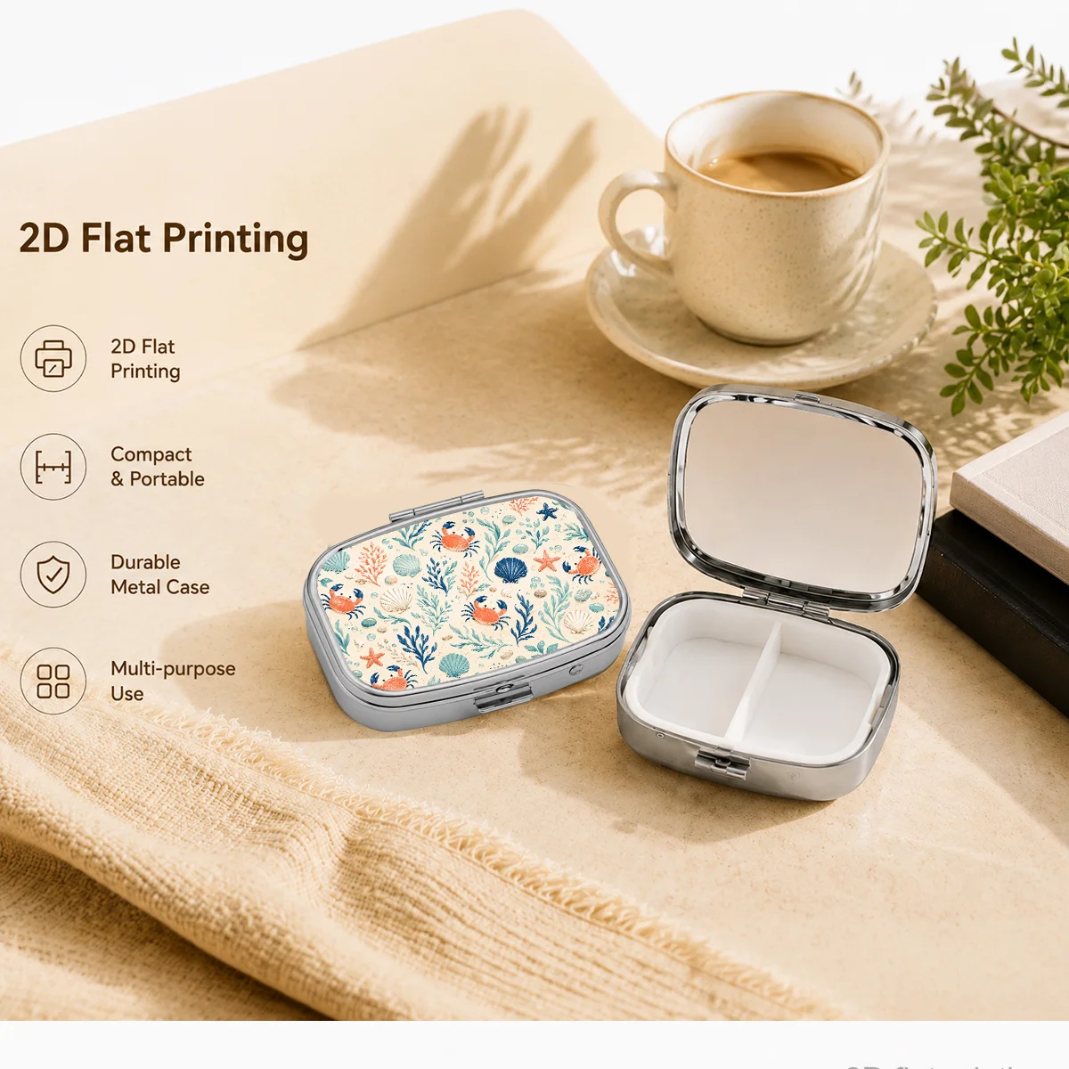 1 Piece, Flat Print Design, Fresh Light-Colored Background, Decorated with Crab, Starfish, Shell, and Seaweed Patterns, Three-Compartment Portable Pill Box, Convenient for Travel, Features a Vitamin Compartment, Can Hold Small Items, Lightweight Design, Flat Shape