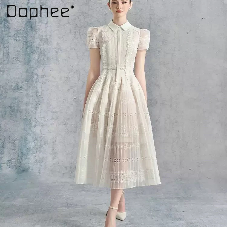 

Elegant Temperament White Round Neck Lace Hollow Embroidered Dress Fairy Dress High Sense Socialite High Waist Slim Long Dress