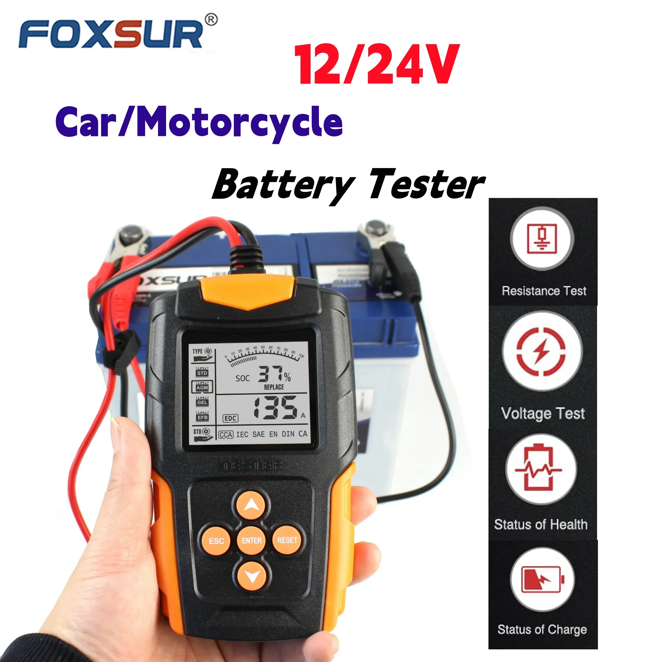 FOXSUR Car Battery Tester 12V 24V Battery Analyzer for VRLA/GEL/AGM/EFB/STD/Flooded Digital Tester for Car Truck Motorcycle Boat