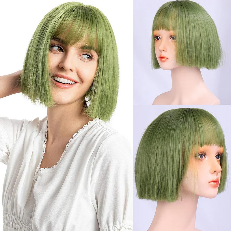 9 Colors Women Short Straight Bob Wigs With Bangs Hair Highlight Synthetic Wigs