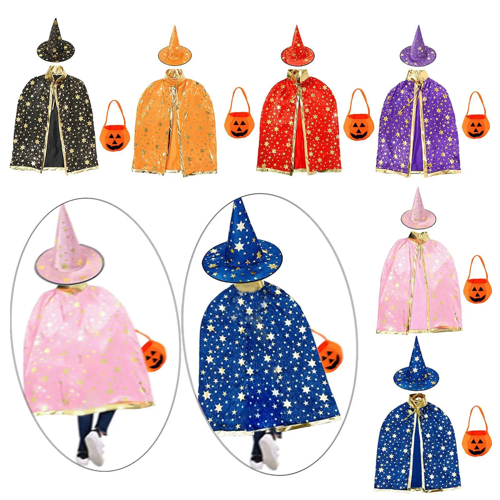 Wizard Cape with Hat and Pumpkin Bag Photography Prop Dress up Role Play Cosplay Costumes Apparel for Holiday Party Supplies