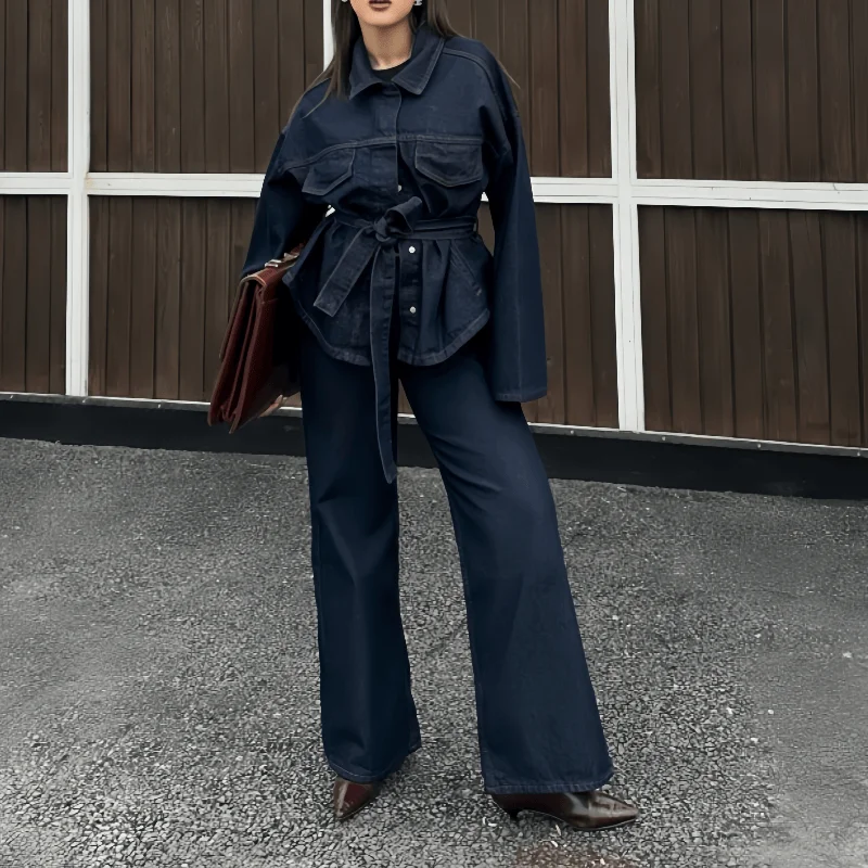

Chic Denim 2 Piece Set Women Lapel Single Breasted Jackets With Belt Straight Pant Female Jeans Outfit 2025 ensemble jean