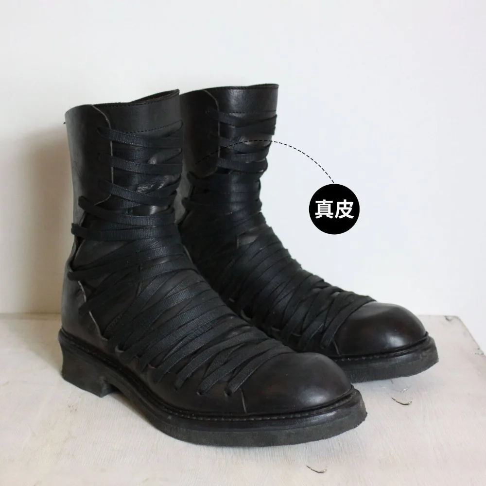 

Fashion Men's Mid-calf Knight Boots Side Cross Tied Black Walking Boots Flat Round Toe Solid Back Zipper Western Riding Boots