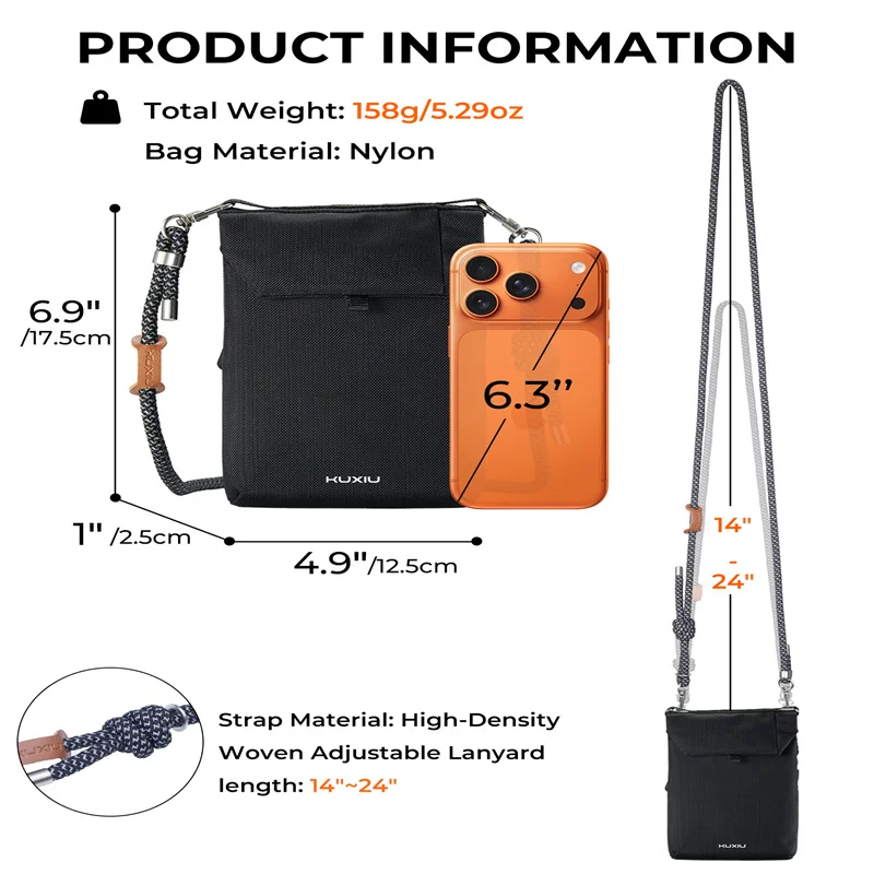 Wodoodporna nylonowa torebka na telefon KUXIU, mała torba crossbody do podróży, przegródki na karty ARFID chroniące przed kradzieżą, wielofunkcyjna torebka na telefon komórkowy. — zdjęcie produktu 2