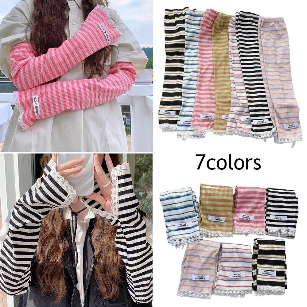 Thin Loose Sunshade Ice Sleeves Breathable Sun Protection Mittens Striped Lace Long Sunscreen Sleeves UV Protection Arm Gloves