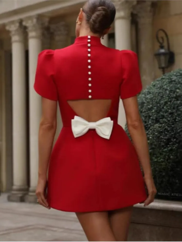 

Fashion Backless Hollow Out Bowknot Mini Dress For Women Elegant Solid High Waist A Line Short Dresses New Lady Party Gowns