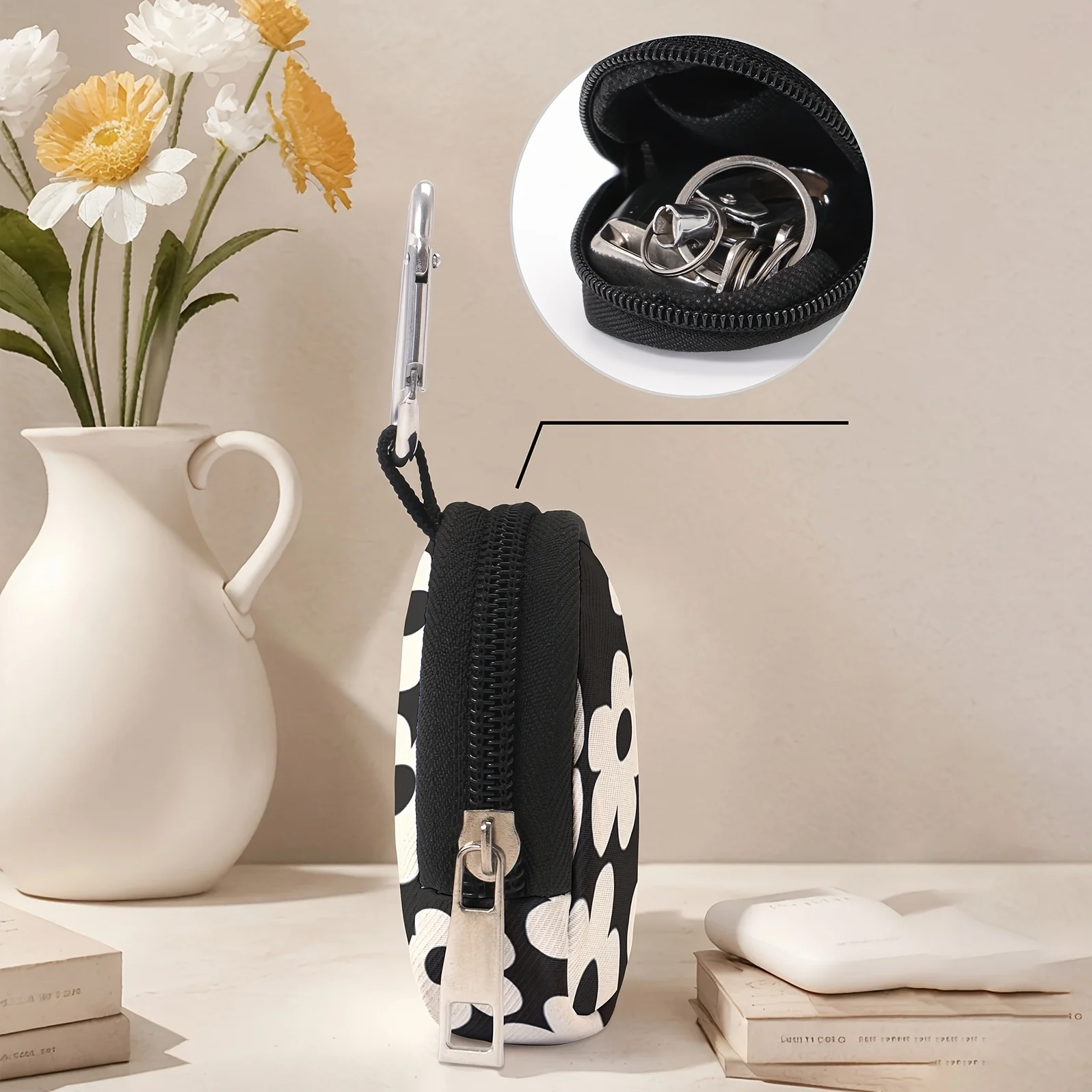 กระเป๋าสตางค์ขนาดเล็กพิมพ์ลายดอกไม้สีขาว 1 ชิ้น กระเป๋าใส่เหรียญซิปน้ำหนักเบา พร้อมคลิปหนีบและกระเป๋าใส่กุญแจหูฟัง