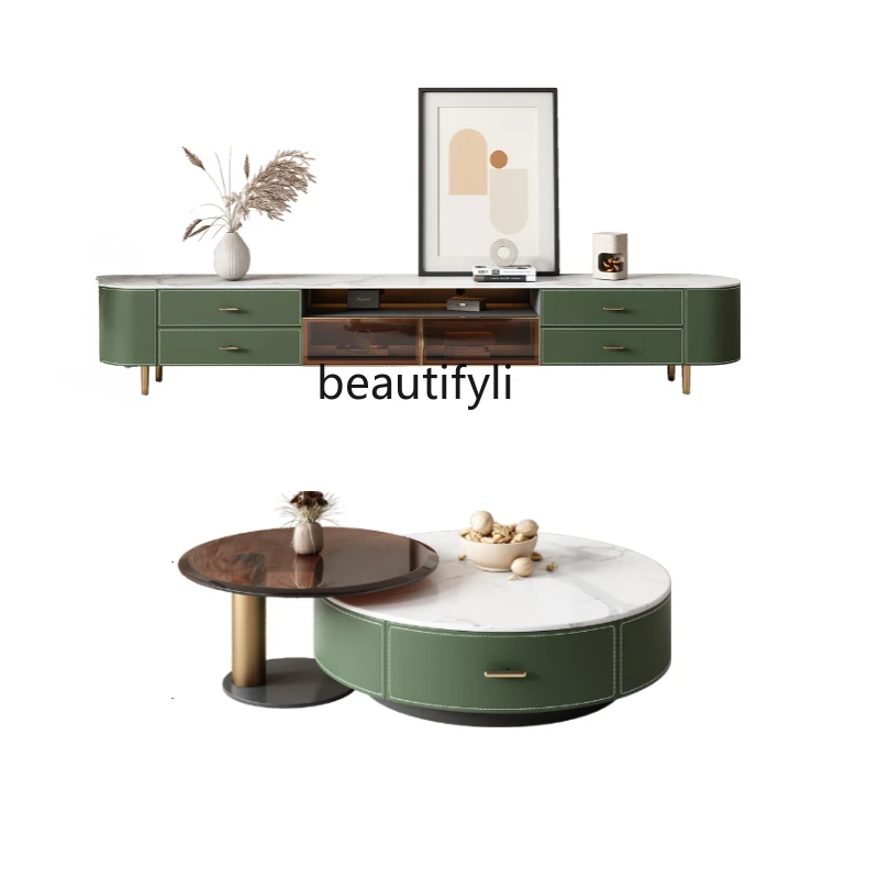 

Italian Saddle Leather Stone Plate Coffee Table TV Cabinet Combination round Storage Nordic Style Light Luxury furniture