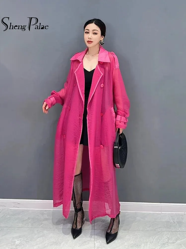 SHENGPALAE Fashion Women's Windbreaker Notched Collar Long Sleeve Button Solid Color Translucency Trench Summer 2024 New 5R4385