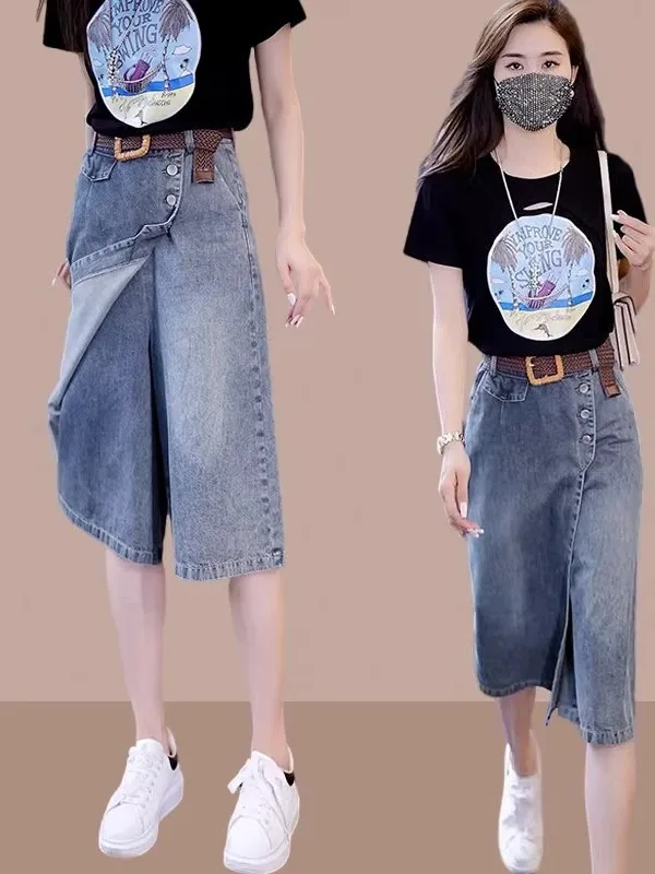 

High Waist A-Line Skirt Denim Thin Wide Leg Pants for Pear Shaped Women Spring New Style Ladies Jeans Skirts