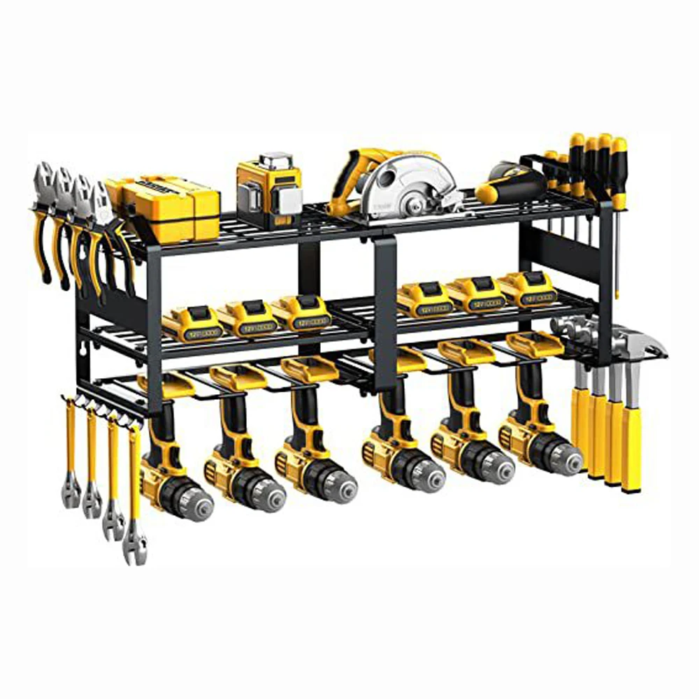 Wall-Mounted Electric Drill Rack Tool Storage Rack Heavy-Duty Floating Garage Storage Rack 3-Layer Rack with 6 Drill Slots