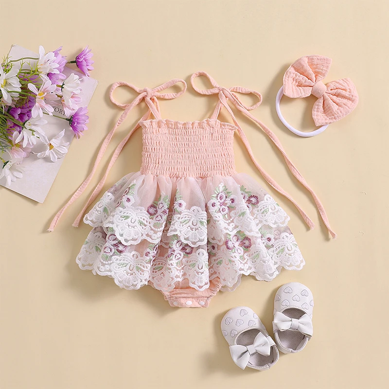 Newborn Girl Outfit Tie-up Embroidery Flower Romper Dress with Bowknot Hairband Summer Baby Lace Bodysuits Clothes