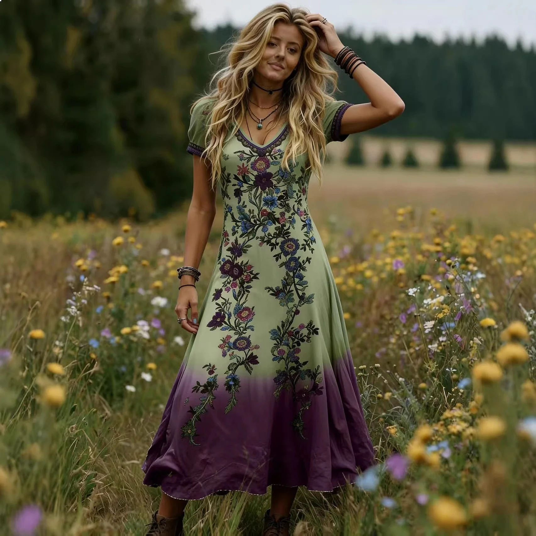 

Vintage V Neck Floral Gradient Print Dress Dresses Spring Summer Overall Jumpsuit Playsuit