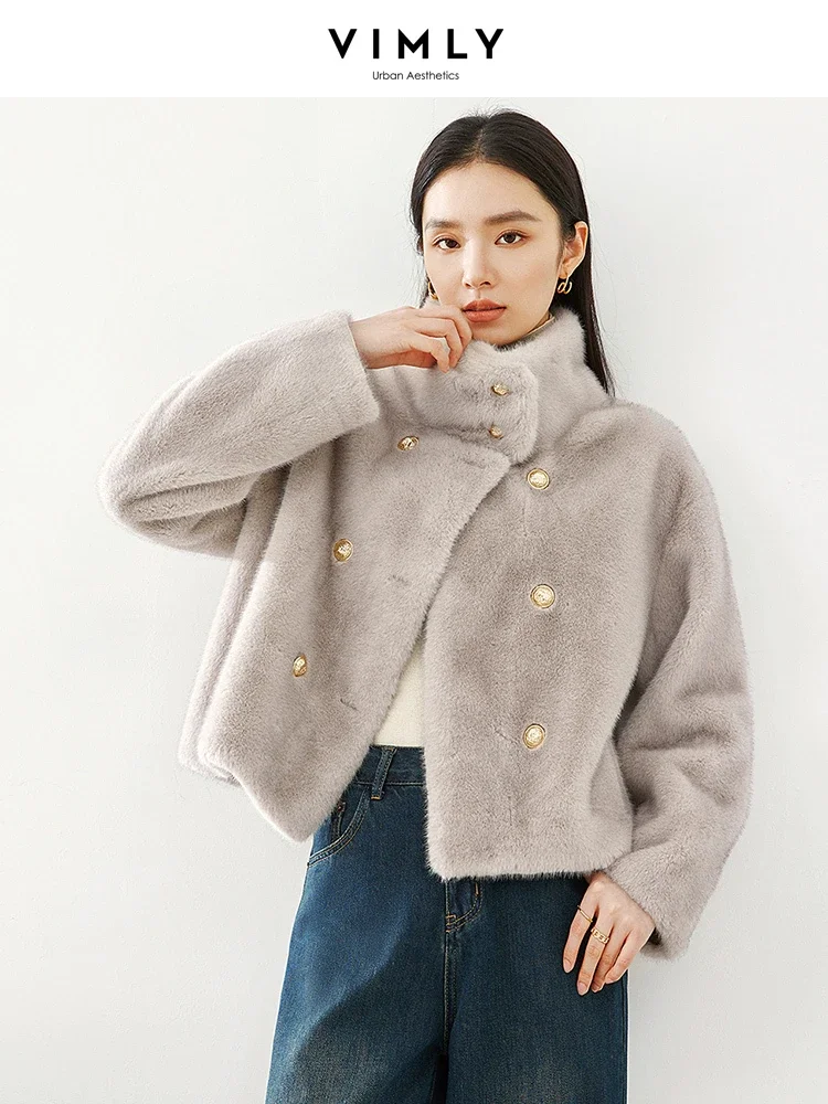 

Vimly Gray Cropped Faux Fur Coat 2023 Winter Warm Stand Collar Fluffy Jacket Elegant Long Sleeve Overcoats Female Clothes 50761