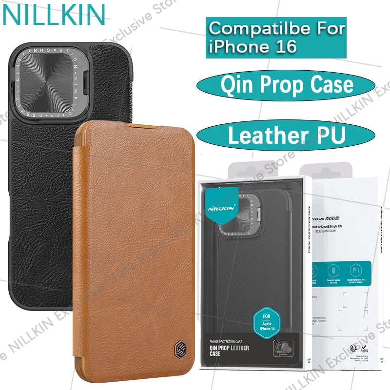 

Nillkin For iPhone 16 Case Qin Prop Leather PU Case Lens cover bracket anti drop airbag phone case leather protective cover