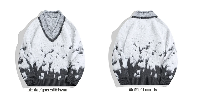 2025 Autumn Winter New Plush Gradient V-Neck Casual White Sweater Men's Street Fashion Loose Daily Gray Knitwear