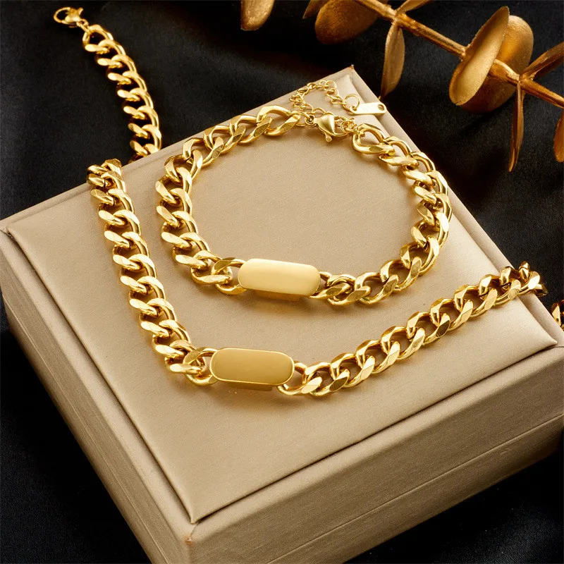 

316L Stainless Steel Thick Chain Necklace Bracelet Hip Hop Fashion Prom Jewelry Set No Fade