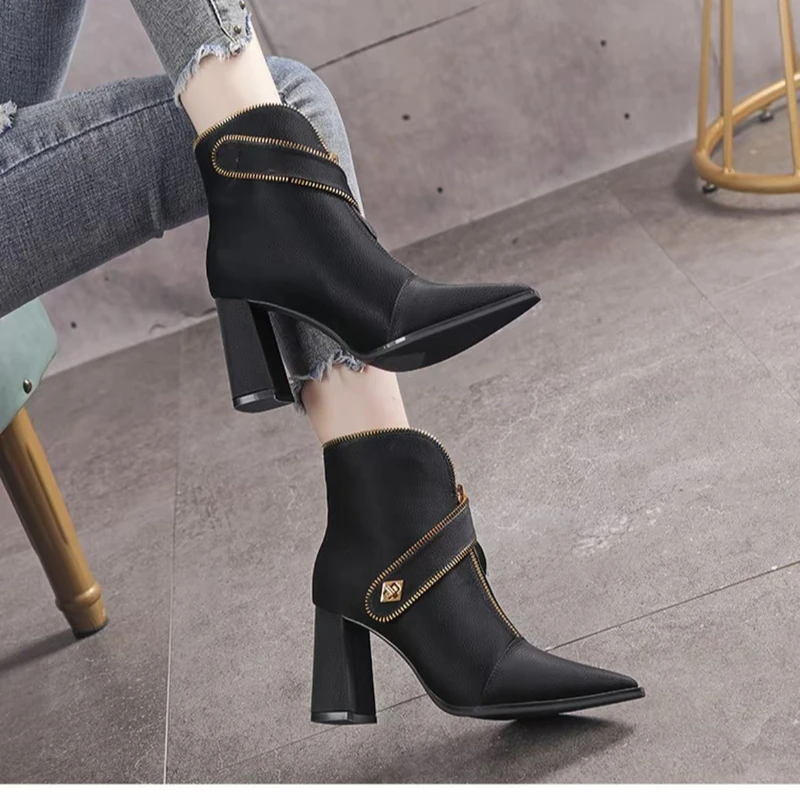 أحذية السيدات في الربيع والخريف عصرية وأنيقة، مع كعب مربع مدبب وكعب بسحاب للخروج من أجل أ #4