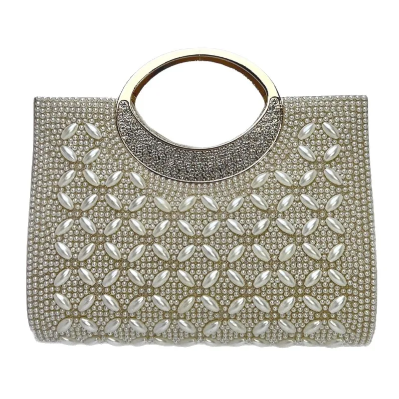 

Pearl Decoration Evening Clutch Bag for Women Diamond Ornaments Metal Handle Handbag Mageneti Button Detachable Chain Dress Bag