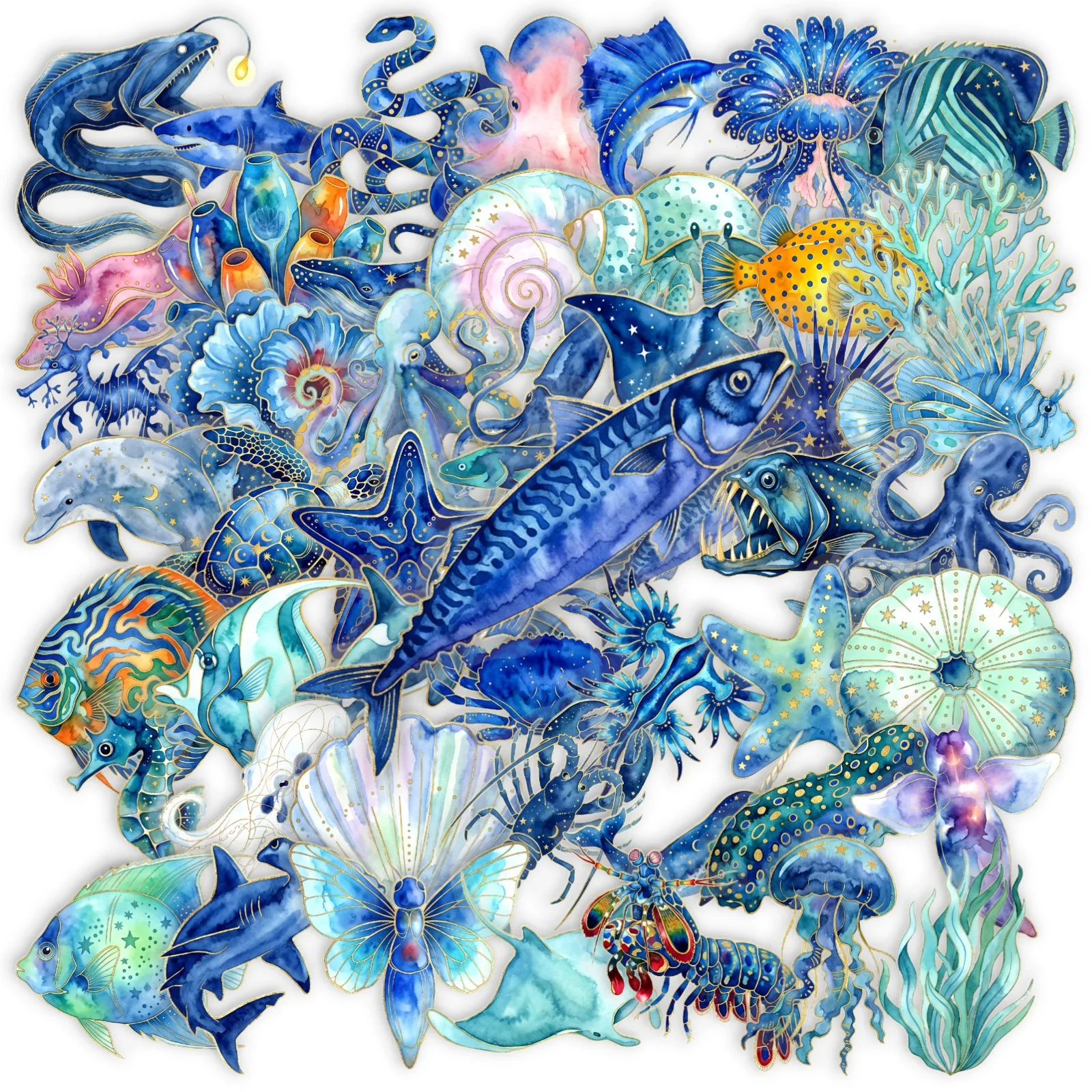 50 Pcs Blue Tone Underwater World Transparent PET Stickers Starfish Seahorse Coral Shell Waterproof Decals for Journal Gift