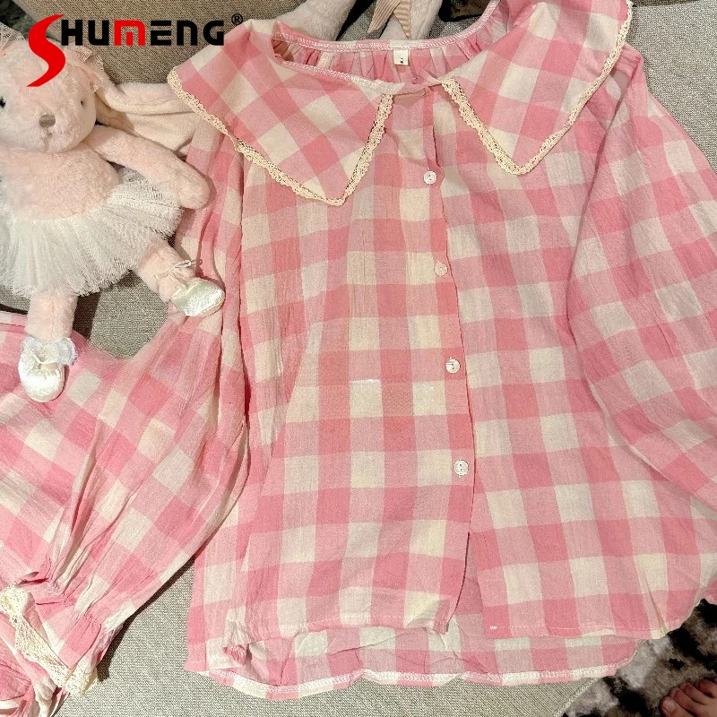 

Милое хлопковое нижнее белье с кукольным воротником в клетку, женские осенние милые пижамы с длинными рукавами, женский комплект домашней одежды в стиле Лолиты в корейском стиле