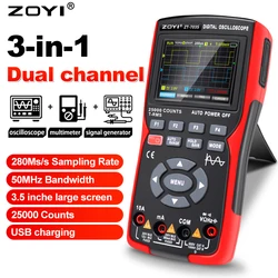 ZT703S 3 in1 multimetro digitale 50MHz larghezza di banda 280MS Rate PC Waveform Data Storage Dual oscilloscopio generatore di segnale Tester