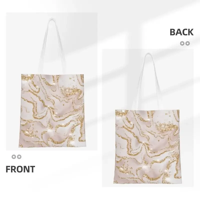 Recycling Gold Marble Pattern Shopping Bag Women Canvas Shoulder Tote Bag Portable Marble Geometric Print Groceries Shopper Bags