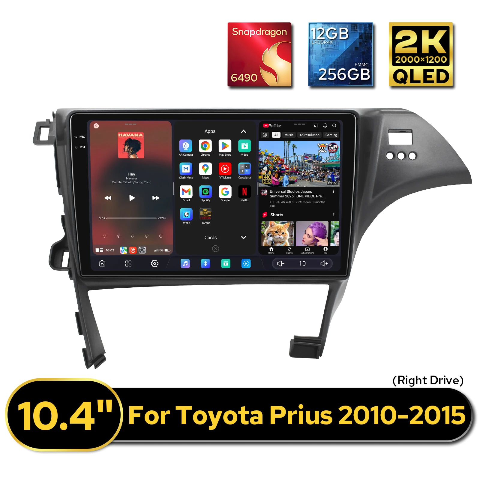 

12GB 256GB 10.4"Android Auto Car Stereo For Toyota Prius 2010-2015 Multimedia Player Wireless CarPlay HDMI Input/Output Type-C