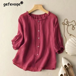 New Summer Women Vintage Ruffle Cotton Linen Blouses Simple Casual O Neck Half Sleeve Shirts Female Solid Loose Comfortable Tops