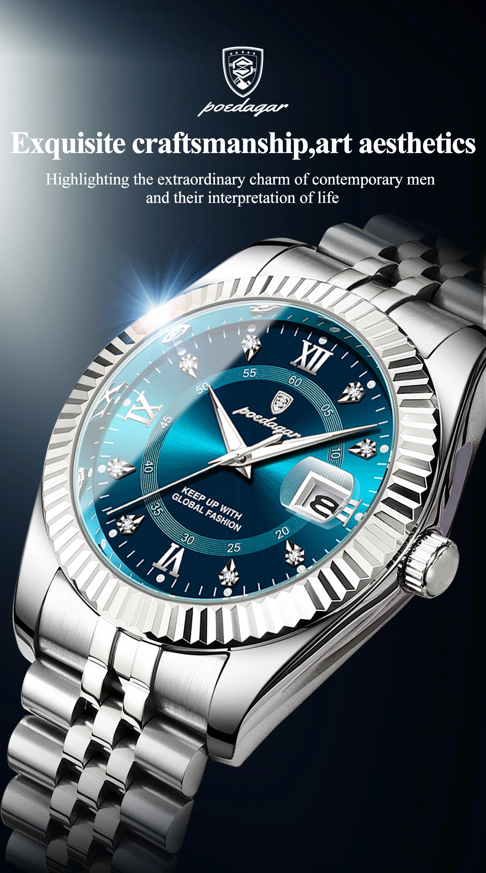 POEDAGAR Original Herren-Armbanduhr Wasserdicht Leuchtend Datum Geschäfts-Männeruhr Edelstahl Quarz Militär-Herrenuhren Reloj – Detail 2