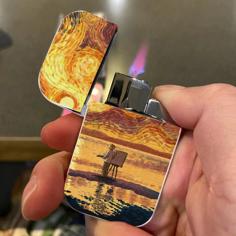 Van Gogh Oil Painting High Beauty Lighter Pink Flame Windproof Inflated Jet Cigar Lighter Butane Gas Refillable Fuel lighter