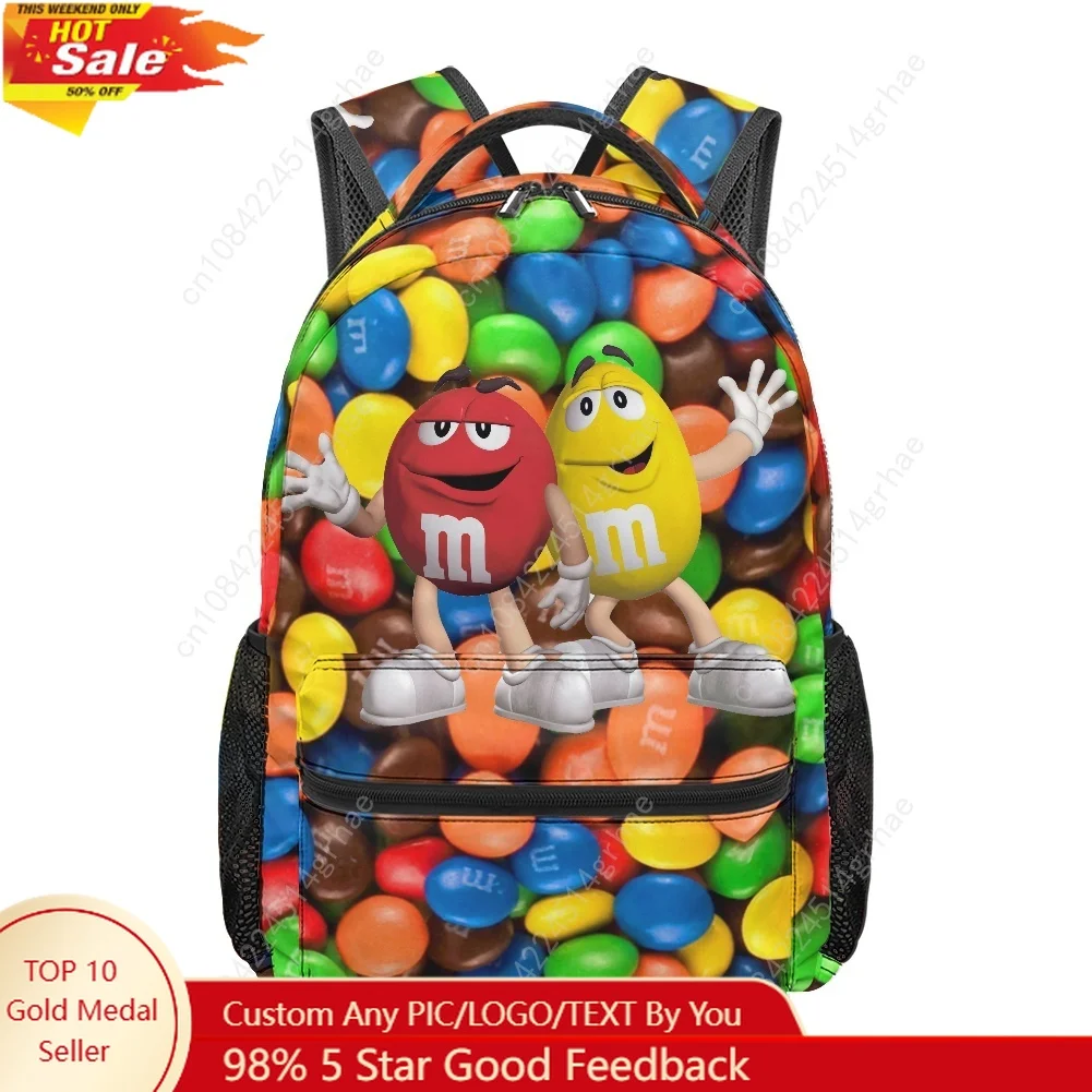 M Chocolate Candy Cartoon All-over Print Student Backpack Custom Suitable for Travel and Camping Lightweight, and Easy To Clean