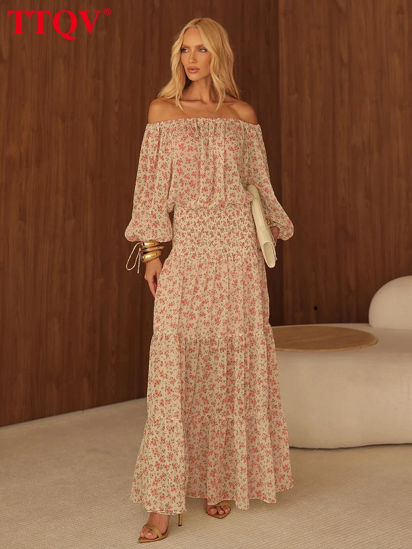 

TTQV Fashion Loose Print 2 Piece Set Women 2026 Elegant Long Sleeve Crop Top With High Waist Long Skirt Set Female Clothing