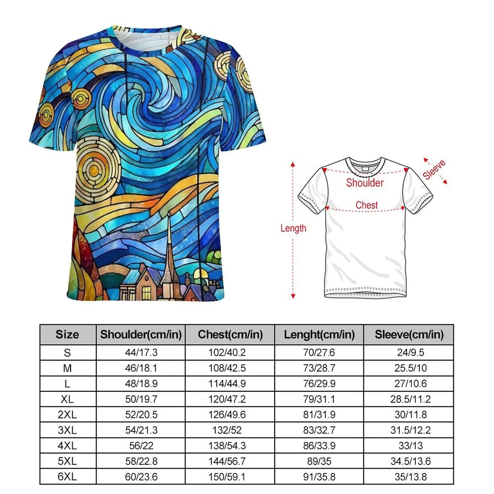 The Starry Night T Shirt Stained Glass Print Harajuku T Shirts Man Y2K Tshirt Premium Short Sleeve Graphic Top Tees Plus Size
