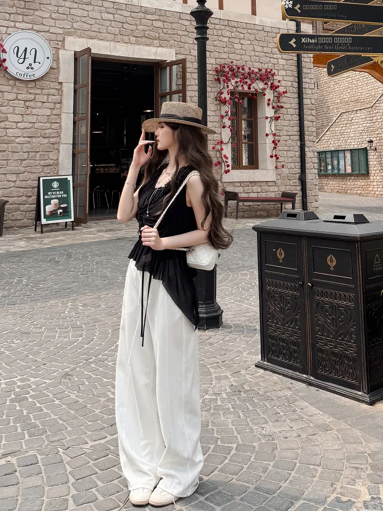 

Белые свободные прямые брюки для женщин, летние повседневные брюки, струящиеся широкие брюки с высокой талией, длинные брюки для офиса