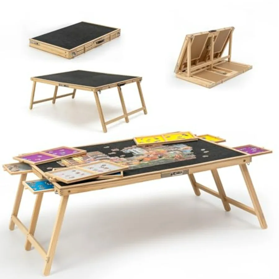 

2000 Piece Foldable Puzzle Board for Home Use, Wooden with Black Finish, Portable Design with Folding Legs and 8 Drawers