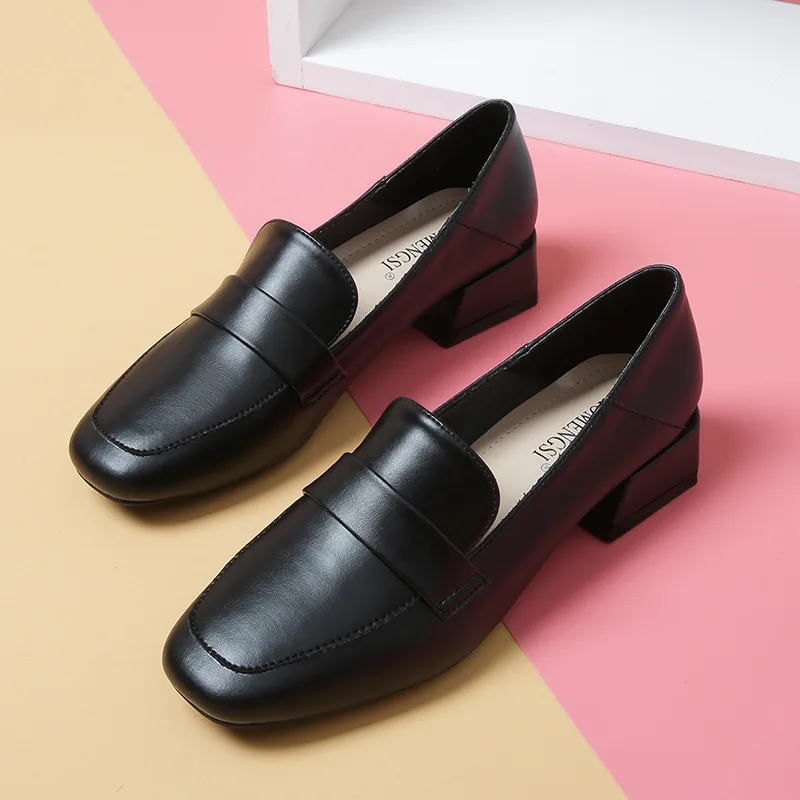 Square toe coarse single shoes women's small leather shoes women's music shoes women's inner British style women's boots