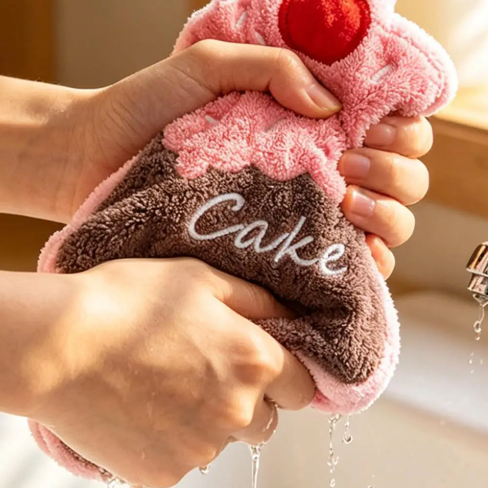 Hanging Hand Towel Cute Cartoon Cake Shape Absorbent Coral Fleece Soft Wiping Cloth for Kitchen Bathroom Children