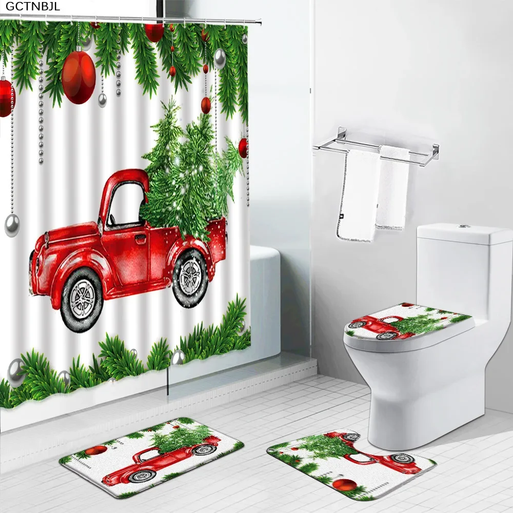 Red truck Pine Shower Curtains 4pcs sets bath mat Winter Christmas Decor Accessories Set Foot Mat Bath Rugs Carpets Toilet Cover