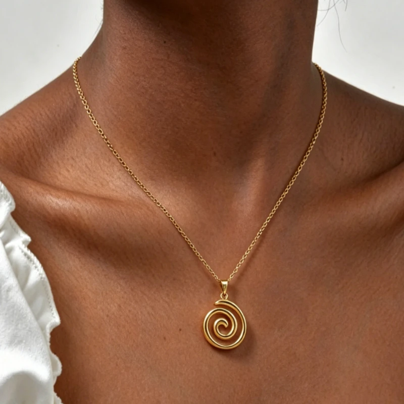 3D Solid Spiral Swirl Pendant Thin O Link Chain 316 Stainless Steel Gold Silver Two-tone Minimal Geometric Vortex Choker Necklac