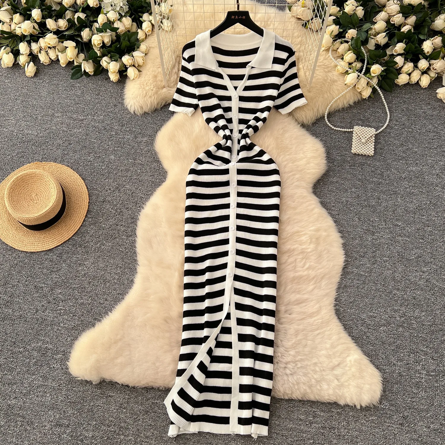YuooMuoo Women Spring Summer Style Knitted Maxi Dress Lady Elegant Turn-down Collar Shirt Sweater Dress Wholesale Streetwear