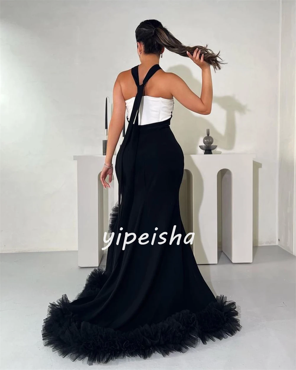 Customized Sparkle Exquisite Jersey Draped Pleat Ruched Formal Evening Mermaid Halter Bespoke Occasion Gown Long Dresses