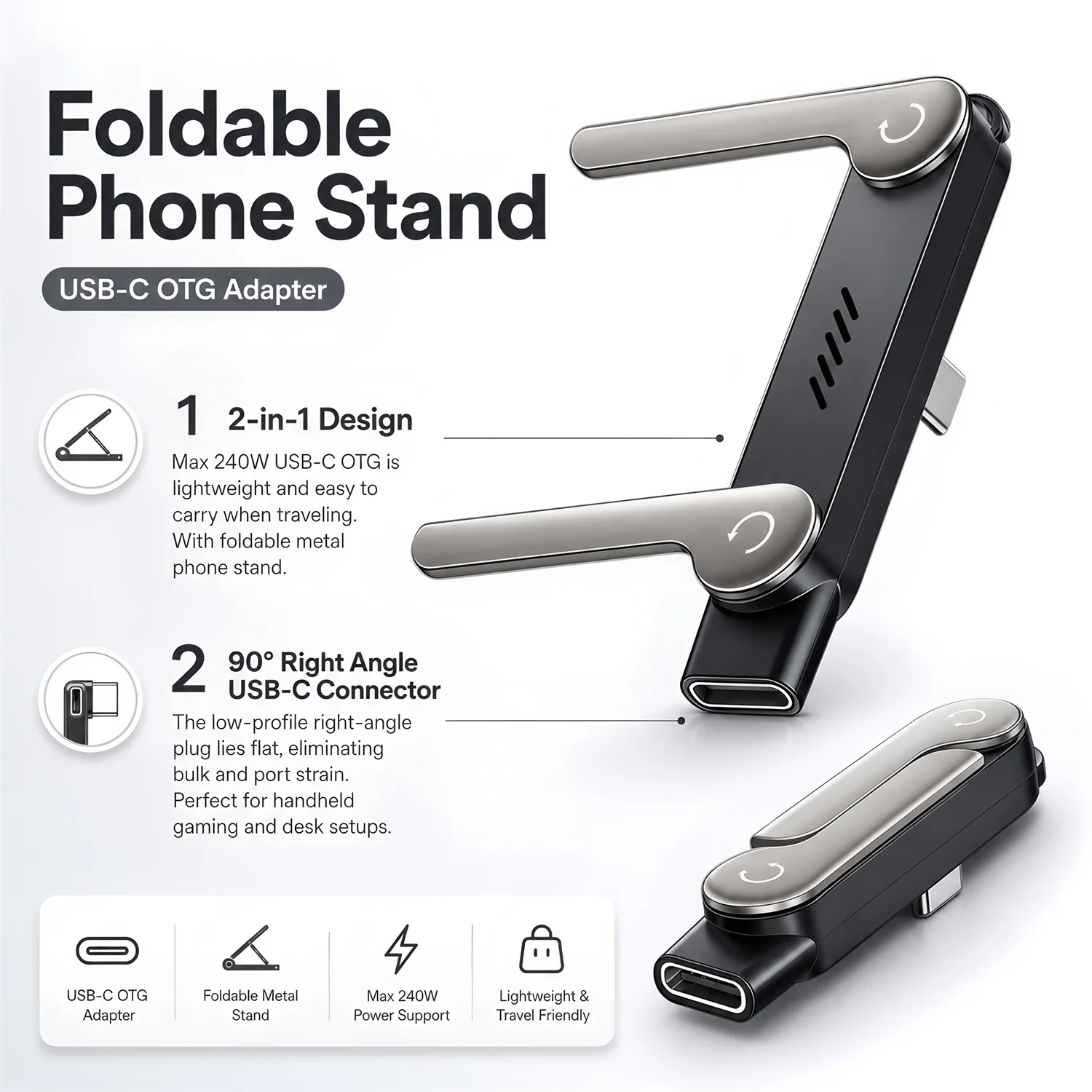 Mini 1-3pcs Portable Type C to USB-C OTG Charger 240W Fast Charging Converter with Foldable Phone Holder 1/2PCS ﻿