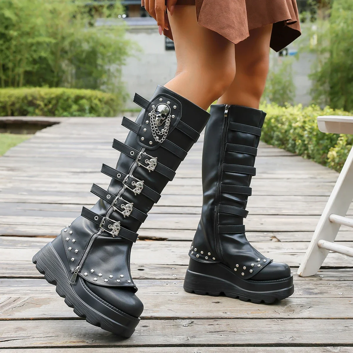 المرأة حذاء برقبة للركبة الشرير نمط القوطية الأحذية حزام مشبك تصميم المرأة الارتفاع زيادة منصة الجوارب بوتاس Largas Mujer #6