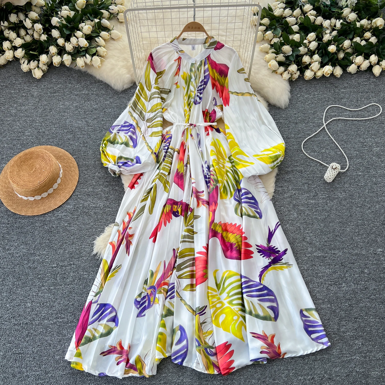 European American Printed Maxi Dress For Women Autumn Fashion O-neck Single Breasted Lantern Sleeves Pleated Large Swing Skirt