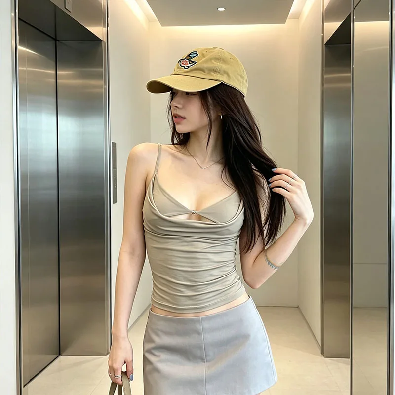 Women Cowl Neck Cut Out Cami Top Metal Button Side Ruched Slim Adjustable Thin Strap Elastic Knit Layering Tank Vest