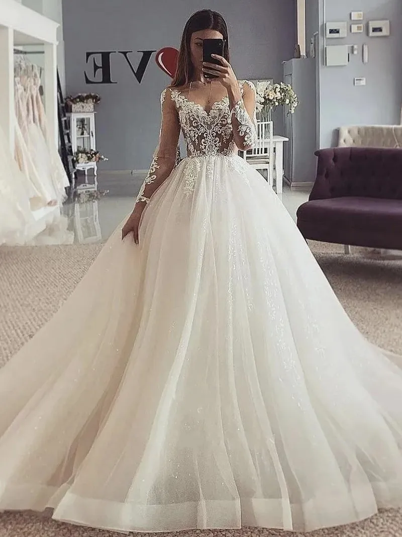 

Classic A-line Wedding Dress Sheer Neck Long Sleeves Lace Appliques Tulle Princess Bridal Gowns Boho Garden Vestidos De Noiva