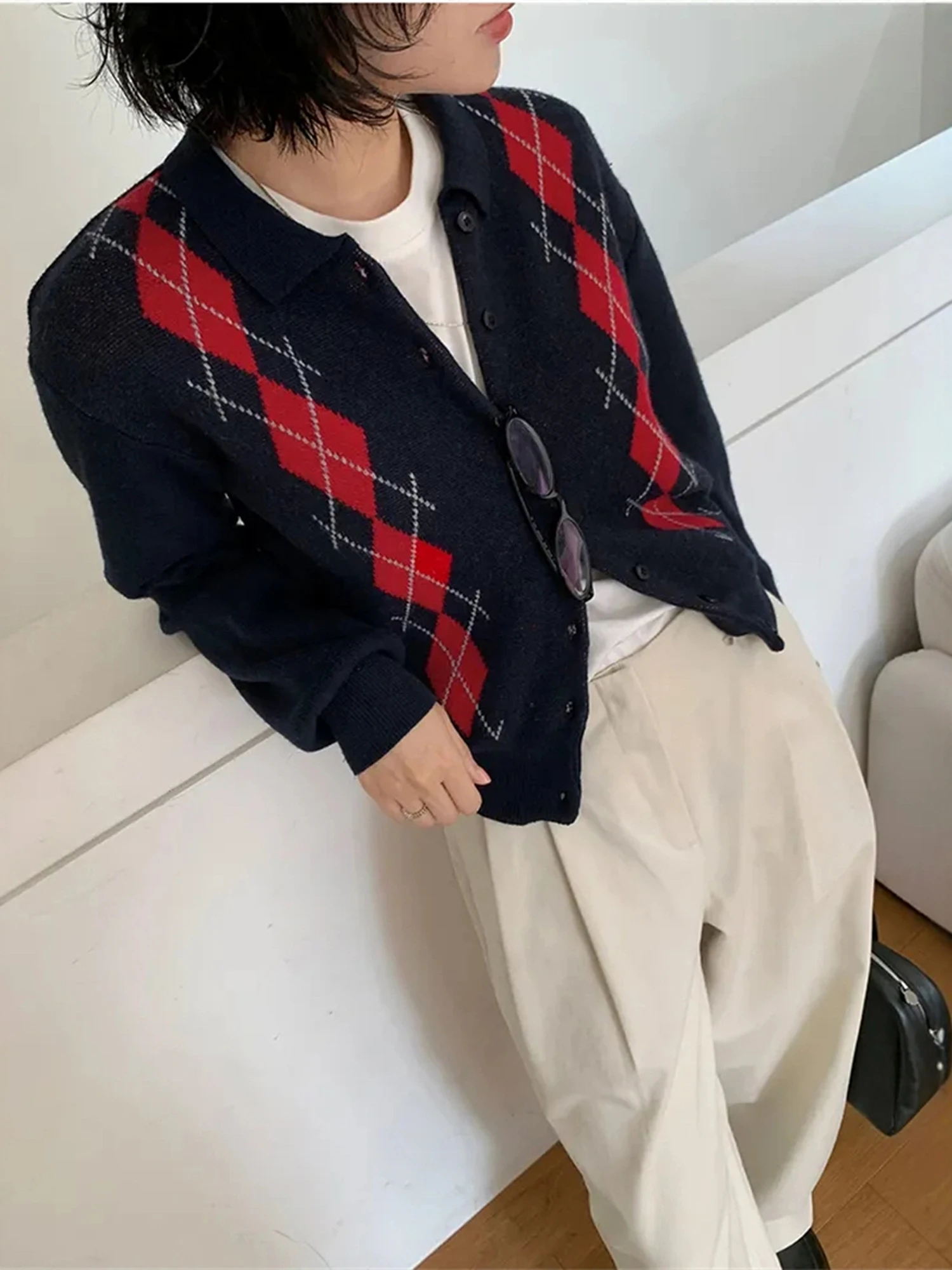 Retro Geometric Color Block Knitted Open Cardigan Women's Fashionable Elegant Sweater Spring Autumn Winter Seasonal Long Sleeve