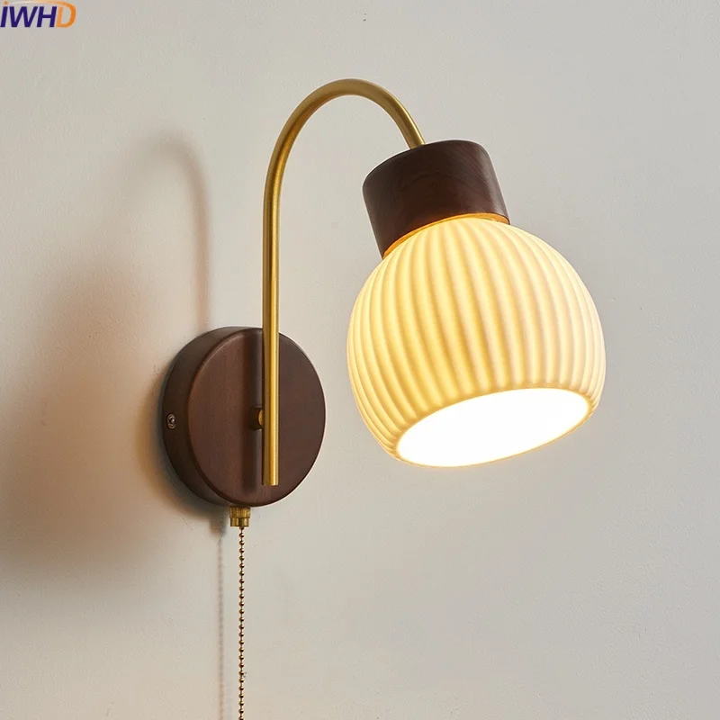 

IWHD Ceramic Wood LED Wall Lamp Sconce Pull Chain Switch Living Room Bedroom Hallway Nordic Stair Light Fixtures Lampara