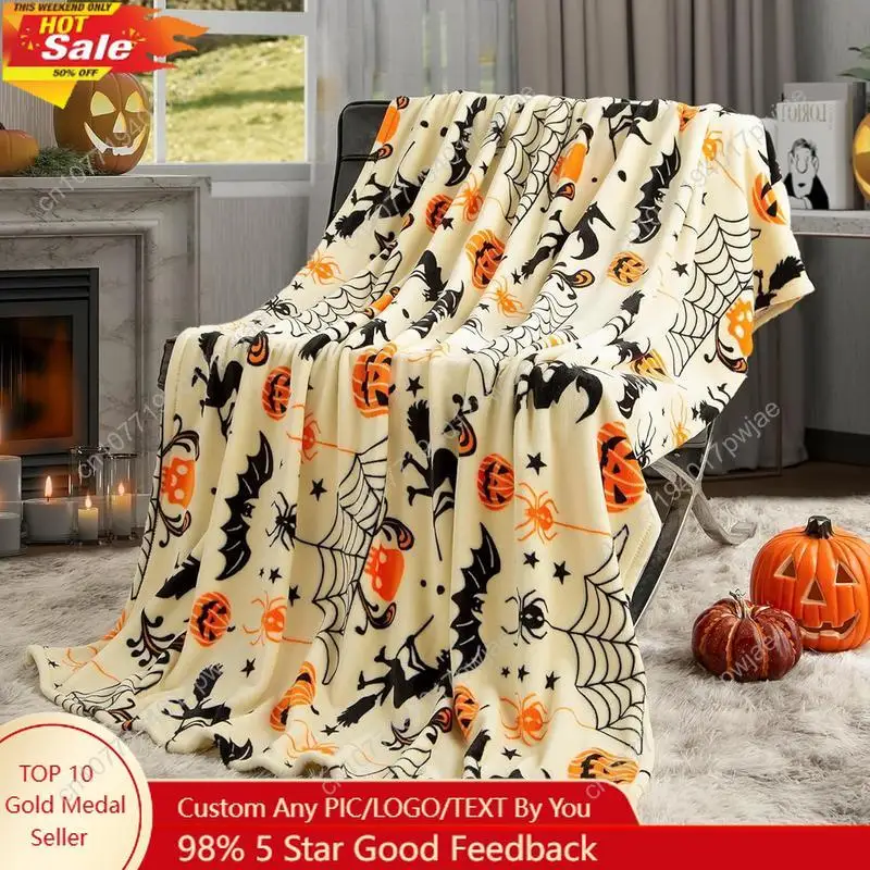 

Pumpkin Halloween Blanket Reversible Witch's Hat Spider Webs Print Fleece Throw Blanket Surper Soft Warm Cozy Custom blankets